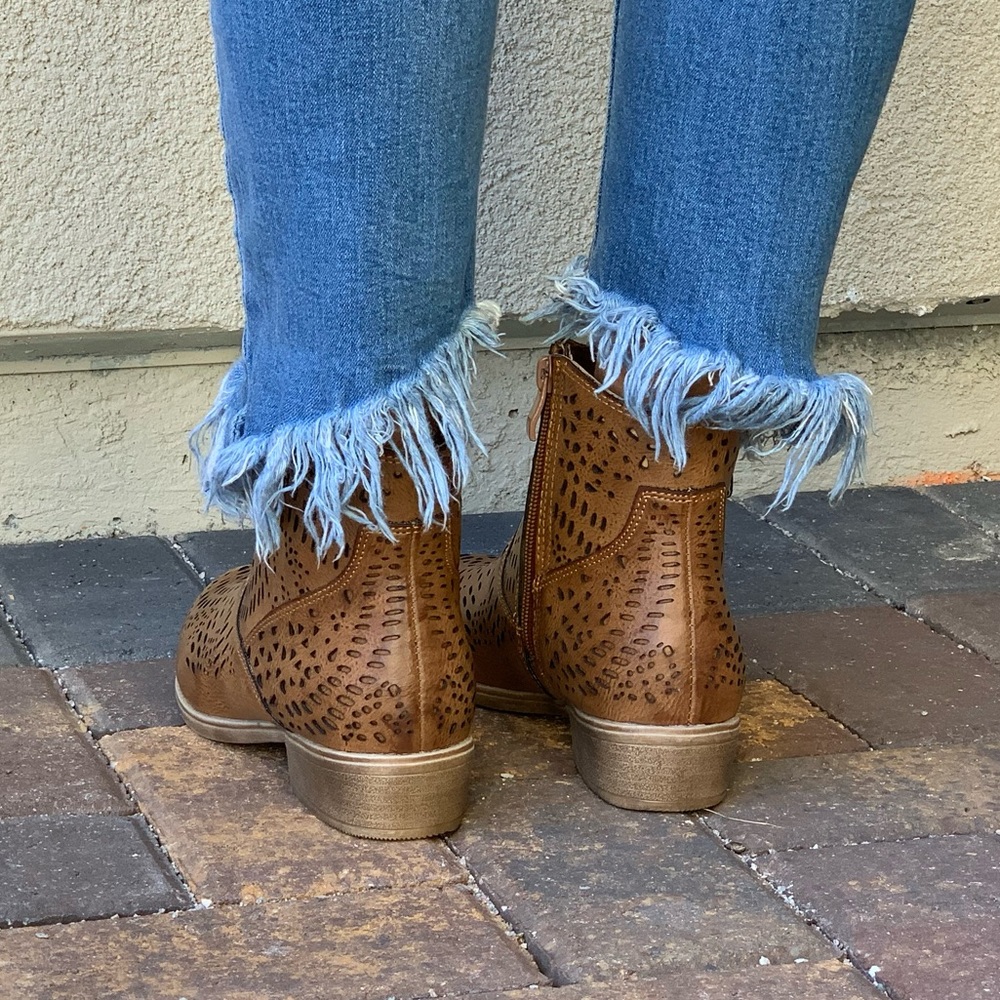 Cognac Perforated Pointy Toe Western Ankle Bootie - Picture 6 of 8